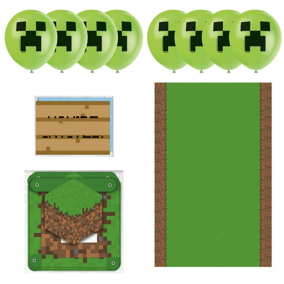 Minecraft Blocky Adventure Party Set: Banner, Tablecloth, 8 Latex Balloons & 8 Invitations – Step into the Pixelated Realm of Endless Creations!