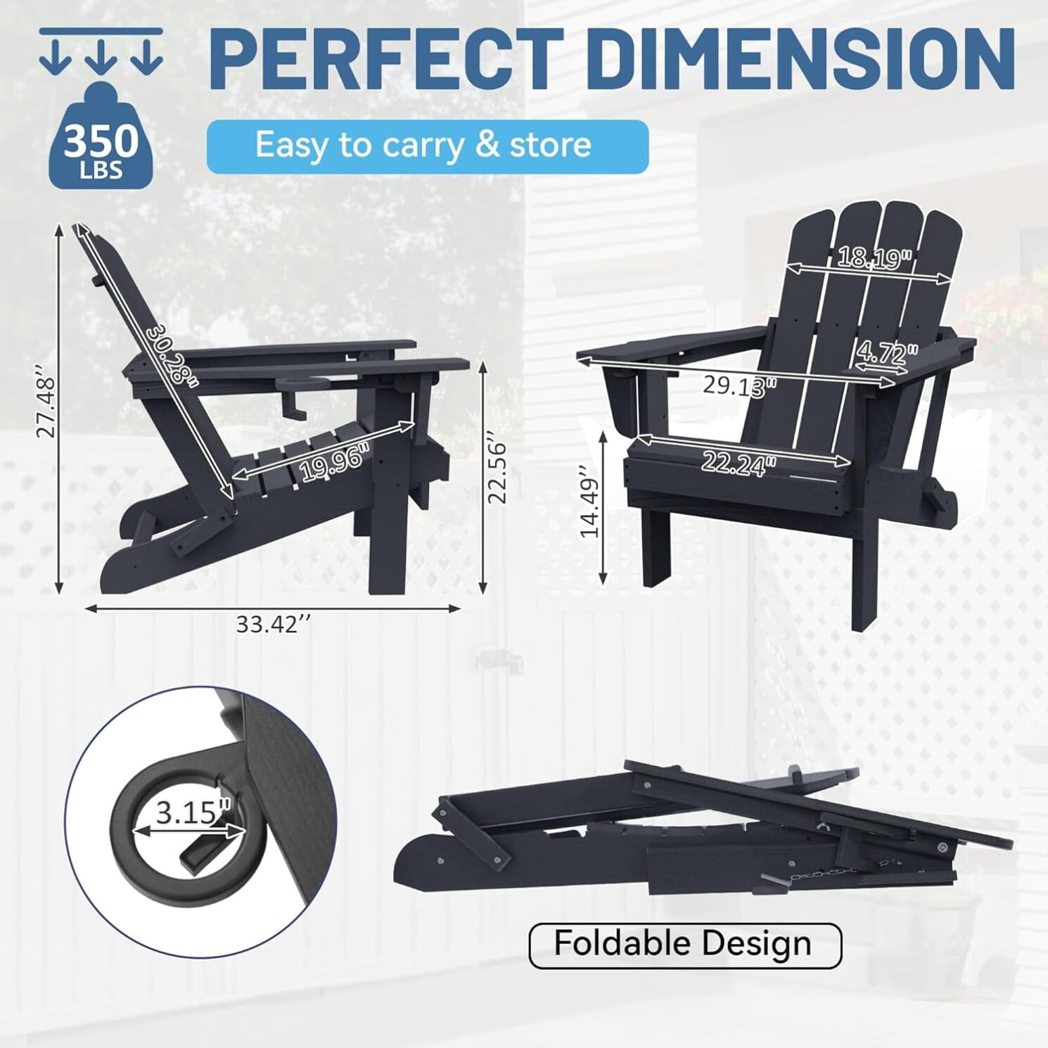 Folding Adirondack Chair, All-Weather HDPE Lawn Chair with Cup Holder, Comfortable Outdoor Patio Chair for Deck, Porch, Backyard, Garden, Black