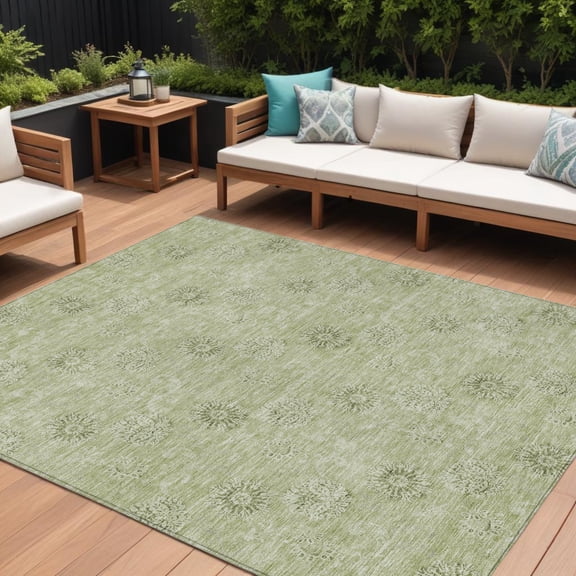 10' X 14' Sage And Artichoke Green Floral Washable Indoor Outdoor Area Rug