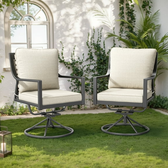 Planntonneo Outdoor Patio Swivel Rocking Dining Chairs Set of 2 with Beige Cushion for Porch Deck Garden Lawn Backyard