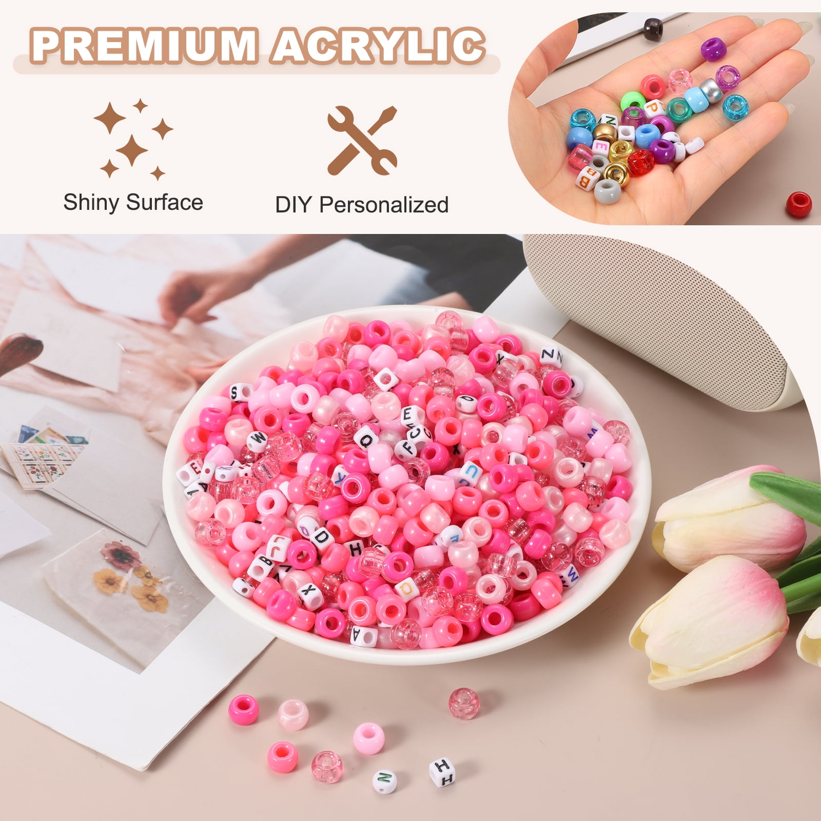 Uxcell 1000 Pcs Pony Beads 6 x 9 mm Acrylic Friendship Bracelet Making Kit with Letter Bead, Pink