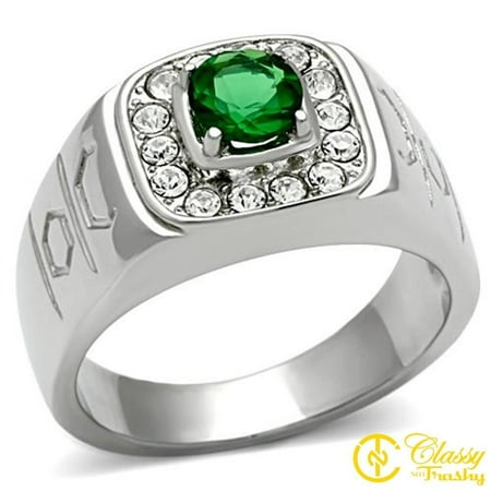 Emerald Cut Glass - Classy Not Trashy® Men's Stainless Steel Round Cut Emerald Synthetic Glass Ring - Size 9