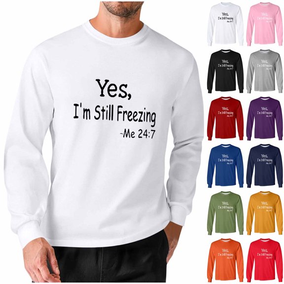 Feancey Casual Long Sleeve T Shirts for Men Yes I'm Still Freezing Letter Printed Tshirt Big and Tall Fashion Regular Fit Tee Shirt Crewneck Pullover Shirt Purple M
