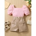 thumbnail image 2 of TSEXIEFOOFU Toddler Girls Summer Outfit Sets Pink Short Sleeve Knit Ribbed Tops + Brown Button Shorts, 2 of 9