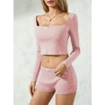 thumbnail image 6 of Caoirhny Women Pajama Set, Long Sleeve Bow Crop Top with Low Waist Shorts Sleepwear Loungewear, 6 of 9
