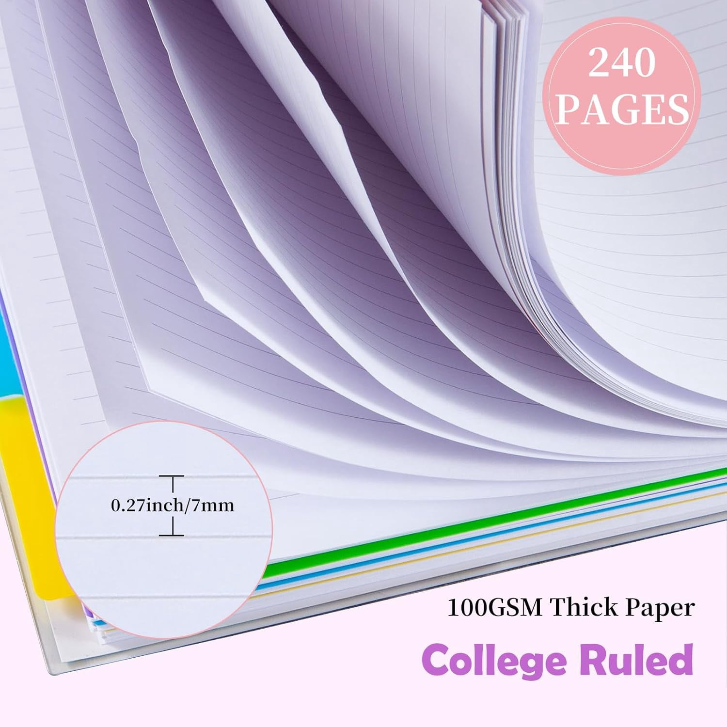 5 Subject Notebook College Ruled, A5 Spiral Notebook with Removable Pocket Dividers Tabs, Lined Organizer Notebook Journal for Women, 240 Pages Notebooks for Work School Note Taking, Pink Marble
