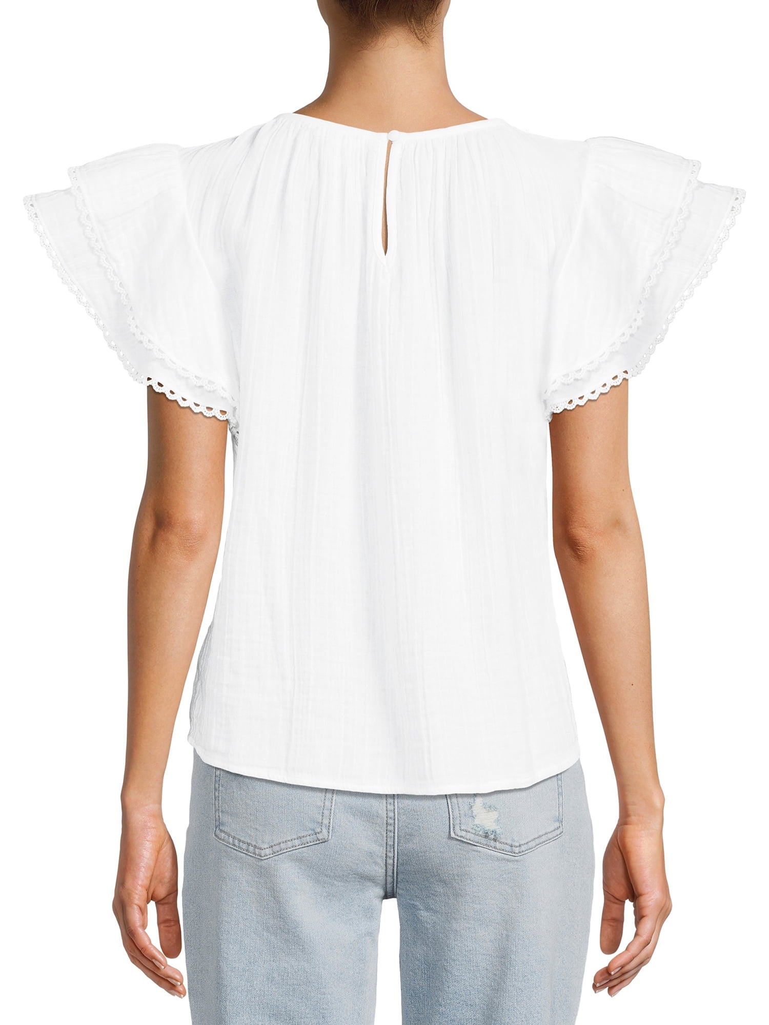 Time and Tru Women's Ruffle Sleeve Top Cotton Blouse & Top, Women's Sizes S-XXL