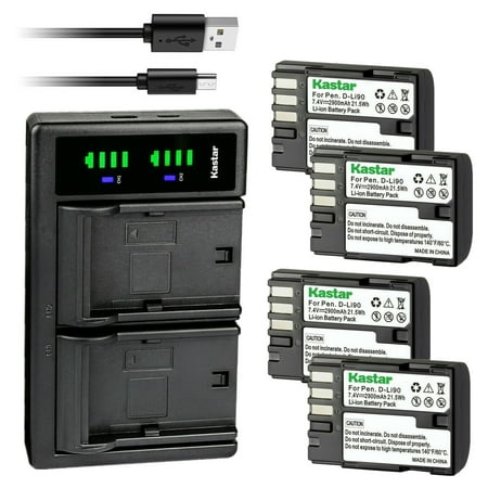 Kastar 4-Pack D-Li90 Battery and LTD2 USB Charger Replacement for Pentax D-Li90, DLI90, DL190 Battery, Pentax D-BC90, K-BC90, Pentax 39830, 39835 Charger, Pentax 645D, K01, K1, K3 II, K5 II, K7 II