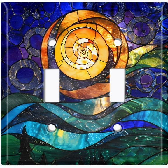 Metal Light Switch Wall Plate Outlet Cover (Printed Image of Stained Glass Sunset - Double Toggle)