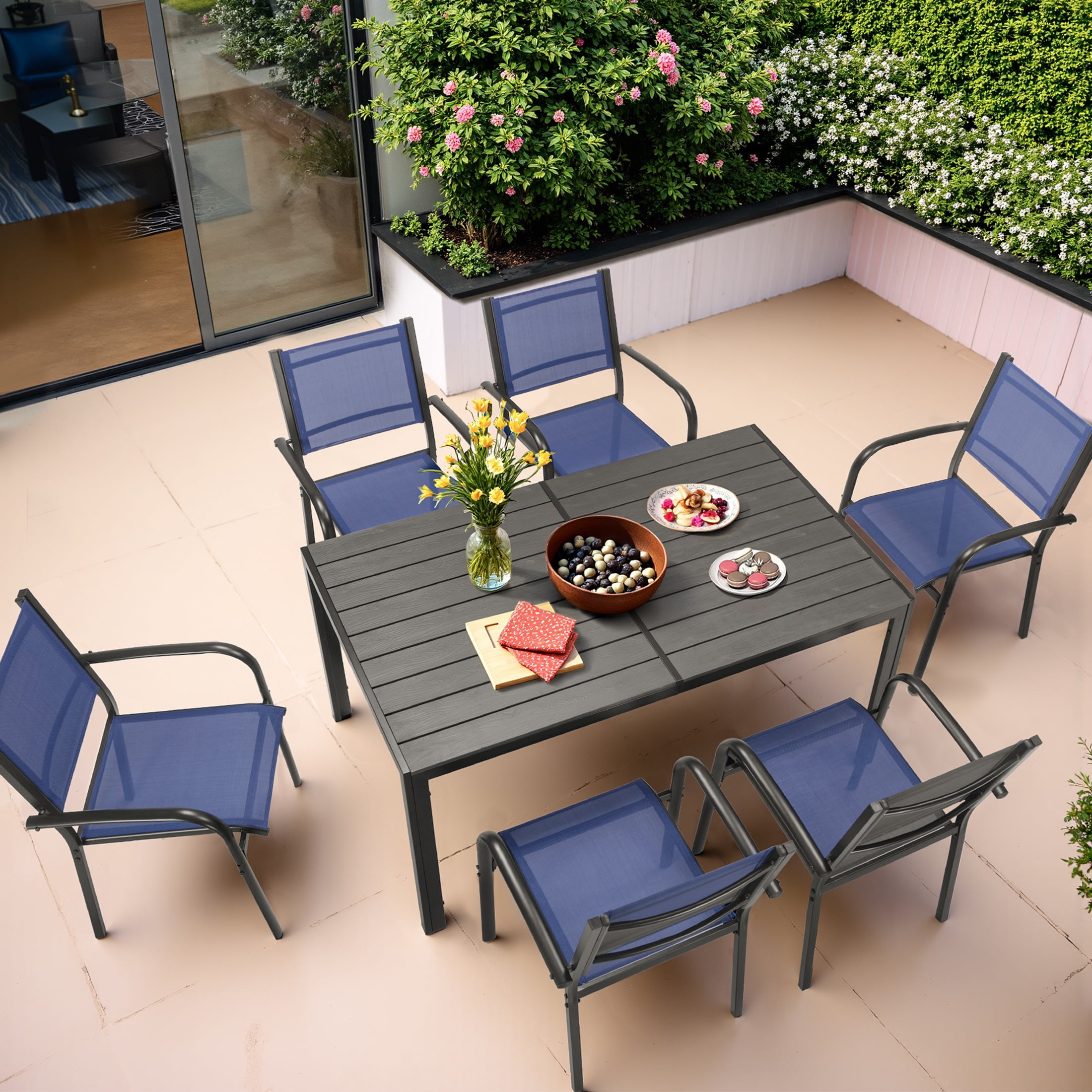 Patio Dining Set, 7PCS Outdoor Plastic-Wood Table & Textilene Chairs Set, Outdoor Furniture Dining Table Set, Garden Porch Backyard Poolside Sectional Conversation Set