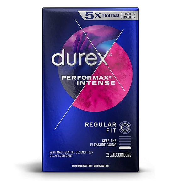 Durex Performax Intense Latex Condoms Ribbed w/ Desensitizing Delay Lubricant - Choose Count