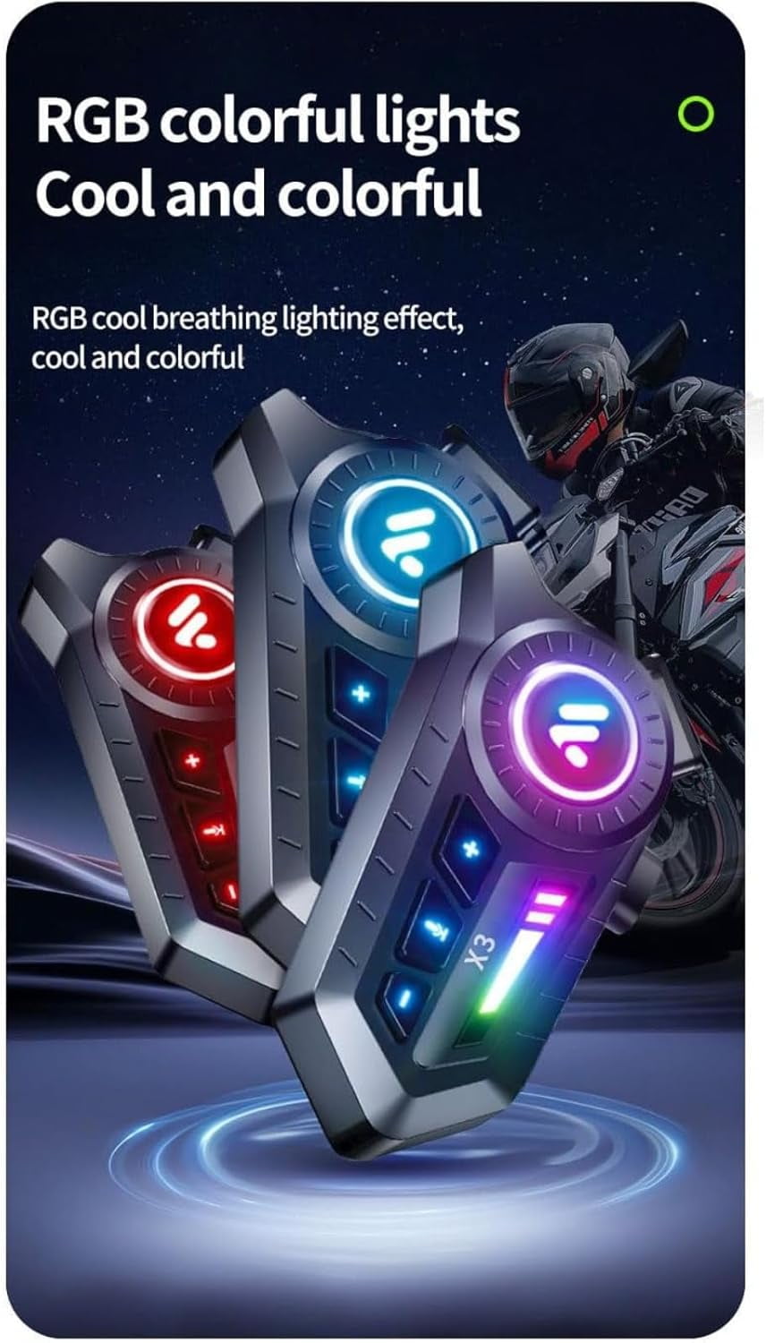 Motorcycle Helmet Bluetooth Headset, IP67 Waterproof, Type-C Charging, Two-in-One Microphone with Ambient Light and Voice Assistant for All Helmets