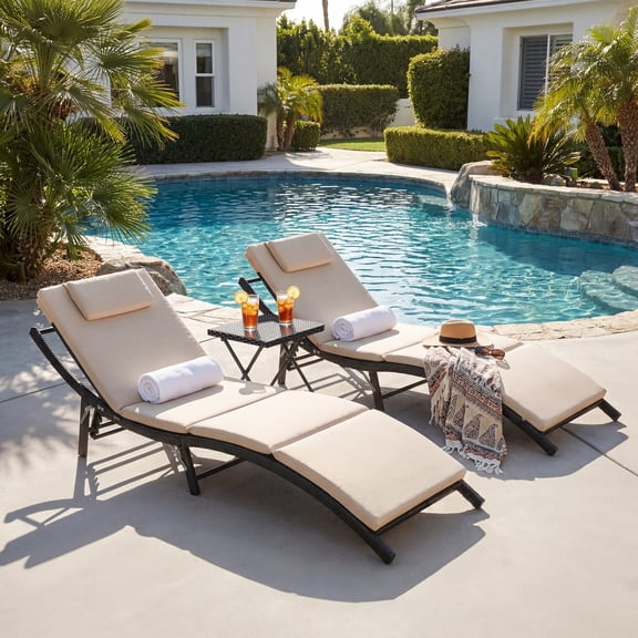 Homall 3 Pieces Patio Chaise Lounge Chair Sets Outdoor Beach Pool PE Rattan Reclining Chair with Folding Table and Cushion, Beige