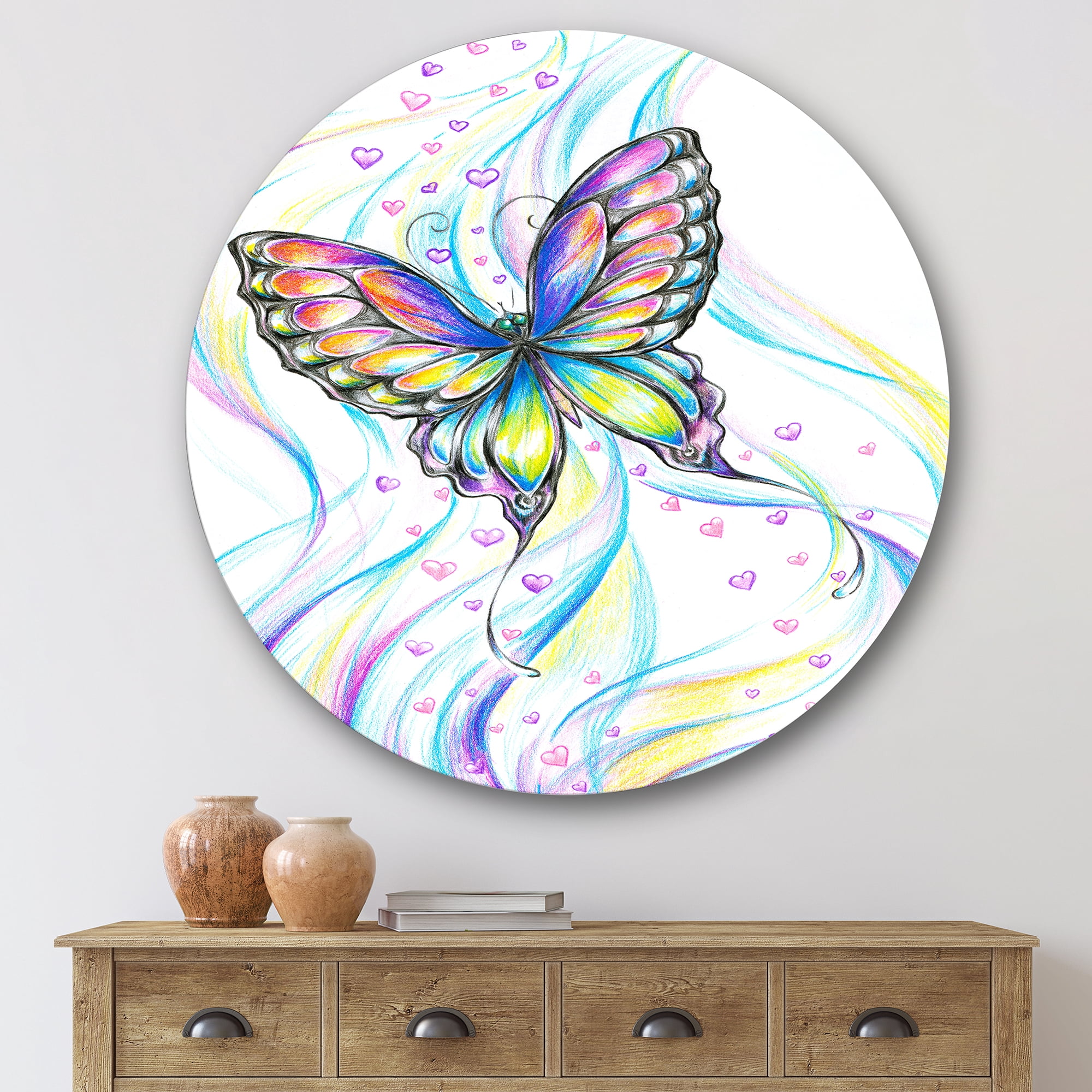 Designart 'Iridiscent Colorful Butterfly' Traditional Circle Metal Wall Art 36x36 - Disc of 36