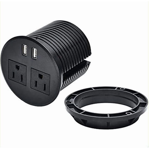 PYYAN-Desktop Power Grommet with Two Power Sockets, Two Quick USB Charging Ports, 6ft Power Cord and Lock Ring (Black)