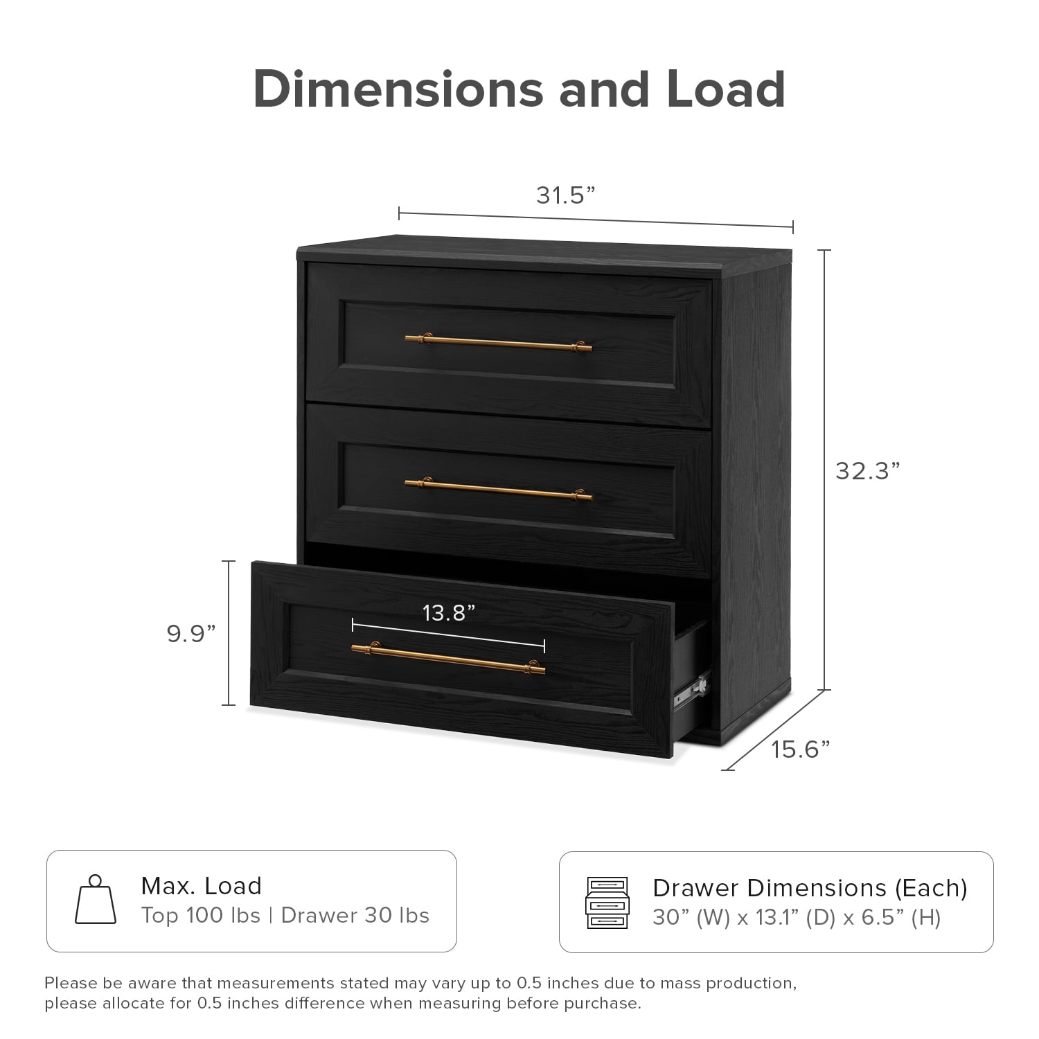 Mopio Blake 3 Drawer Dresser for Bedroom, Small Dresser & Chest of Drawers, Wood Dresser Organizer, Modern Farmhouse Dresser, Tall Night Stand, End Table, Enhanced Safety, Sturdy Compliant (Black)