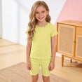 thumbnail image 2 of larppty Girls Shorts Set 2‑Piece Ribbed Knit Summer Outfit Short Sleeve Top & Elastic Waist Shorts Casual Playwear（Light Yellow， 2-3 Years）, 2 of 5
