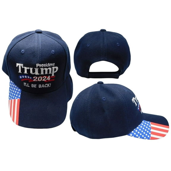President Trump 2024 I'll Be Back Navy Blue Printed USA Flag On Bill Emb Cap Hat