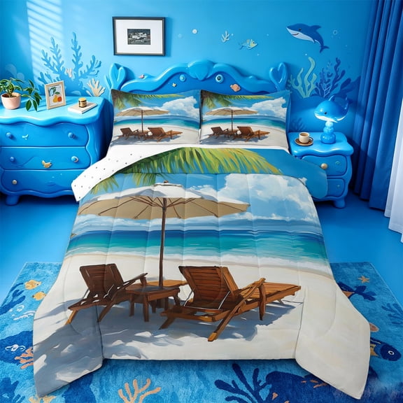 jejeloiu Beach Boardwalk Full Size Comforter Sets,Coastal Scene Bedding Comforter Set For Boys,Blue White,Reversible,3-Piece,1 Comforter and 2 Pillowcases