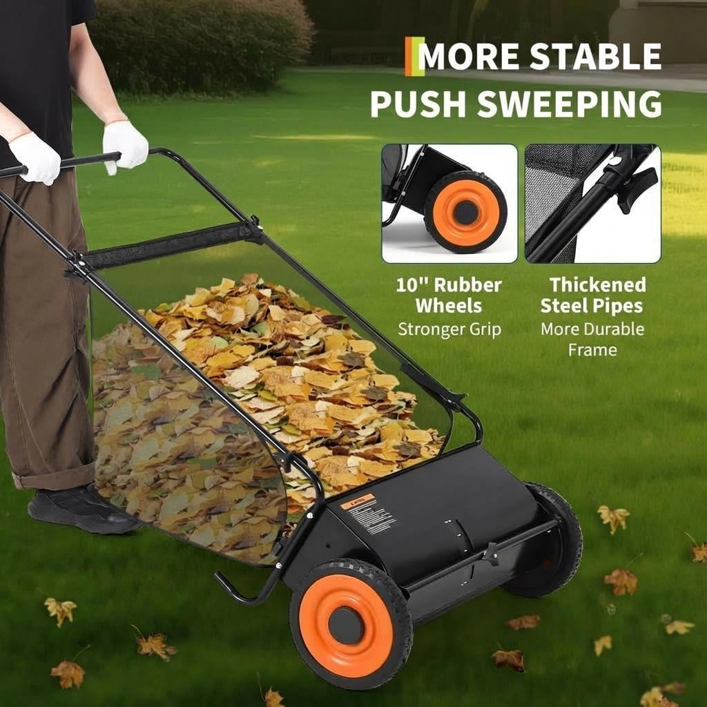 AIKKYS 26 Inch Heavy Duty Push Lawn Sweeper with 4 Spinning Brushes,Steel Frame 7 Cu. Ft. Leaf & Grass Collector,Adjustable Height,Black-Orangre Wheels