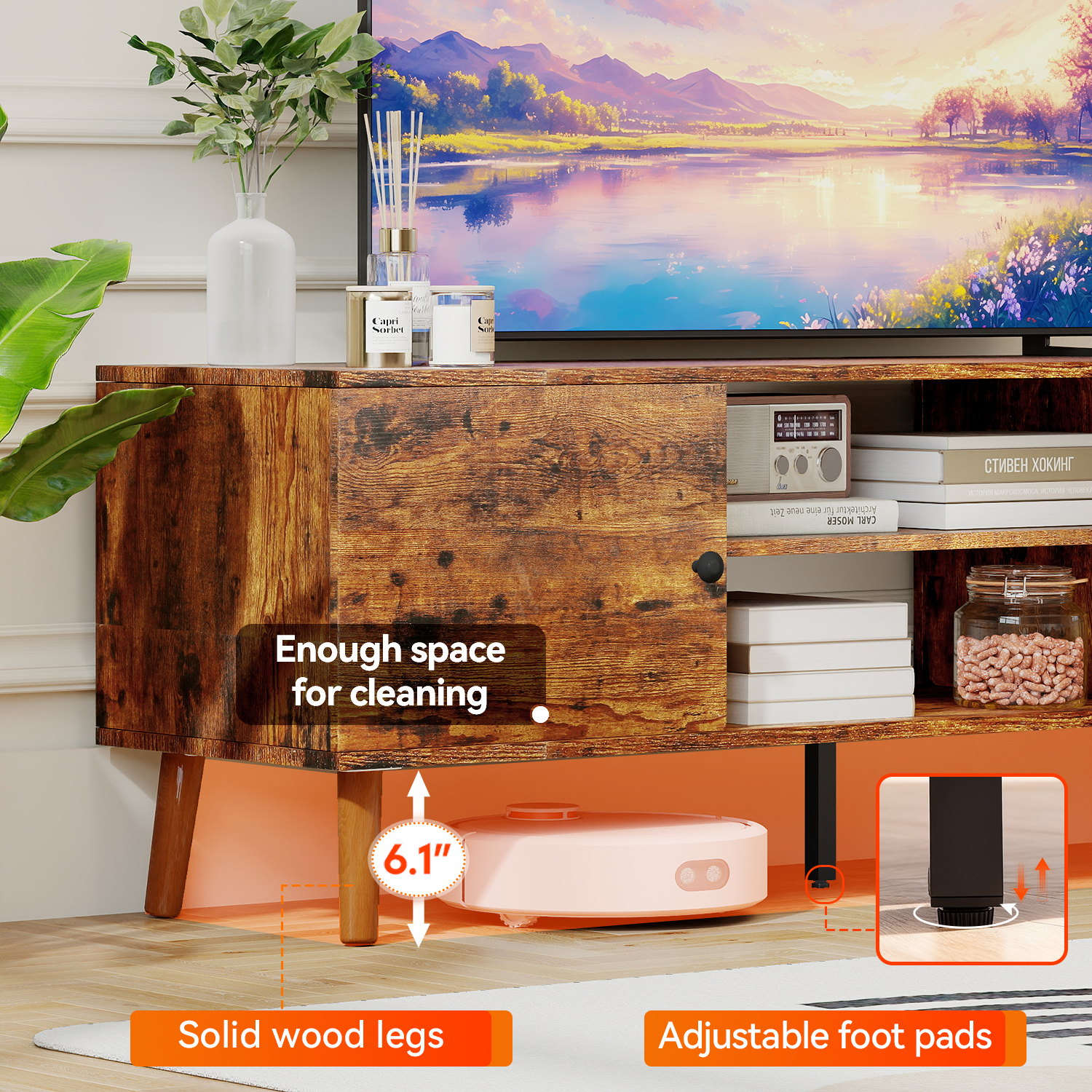 FDW TV Stand for 55 60 Inch TVs,with 2 Storage Cabinets and Open Shelves,Brown