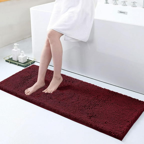 Smiry Luxury Chenille Bathroom Rugs, Extra Soft and Absorbent Bath Mat, Wine Red, 17"x47"