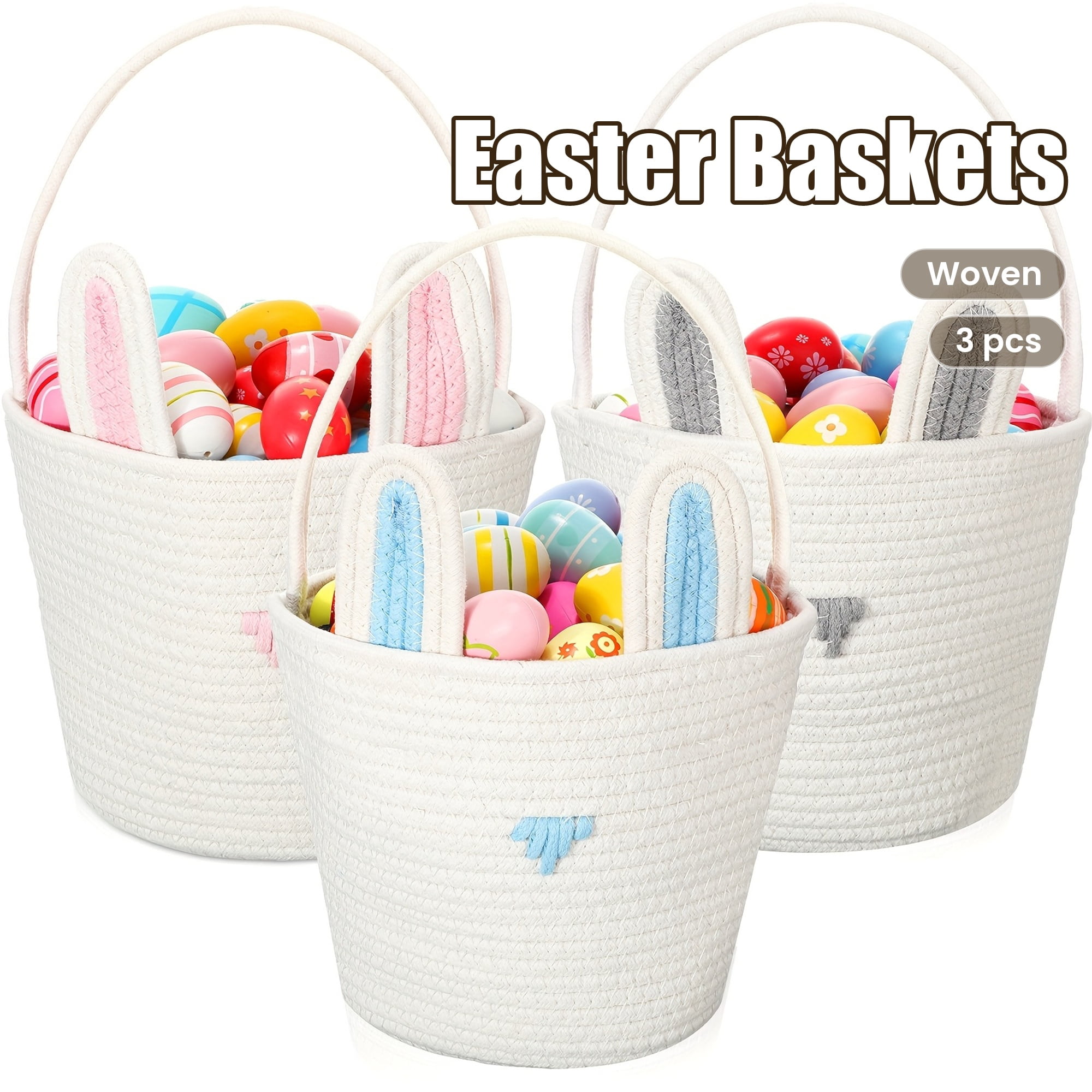 3Pcs Cute Easter Basket, Easter Bunny Basket Woven Rope 7.9 inch White Shelf Storage, Bunny Easter Basket for Egg Hunt Party Favors Spring Holiday Gifts and Home Decoration