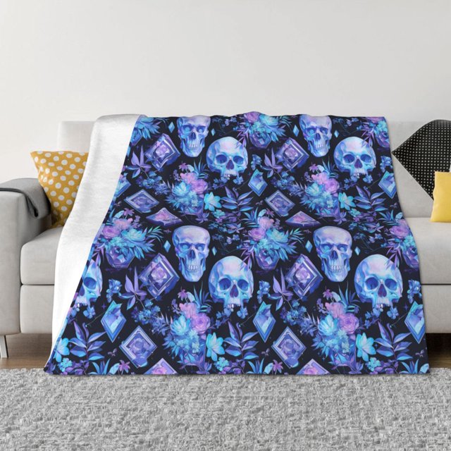 Fotbe Skull blue crystal flower Manta de Franela con Estampado, Manta Ultrasuave para Cama, Sofá, Auto, Hipoalergénica y Antibolitas-60"x50"