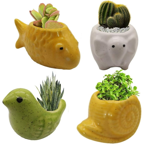 India Meets India Ceramic Flower Pot Planter Plant Pot Indoor Planter Handicraft by Awarded Indian Artisan (Elephant, Turtle, Dog and Sheep (Set of 4))