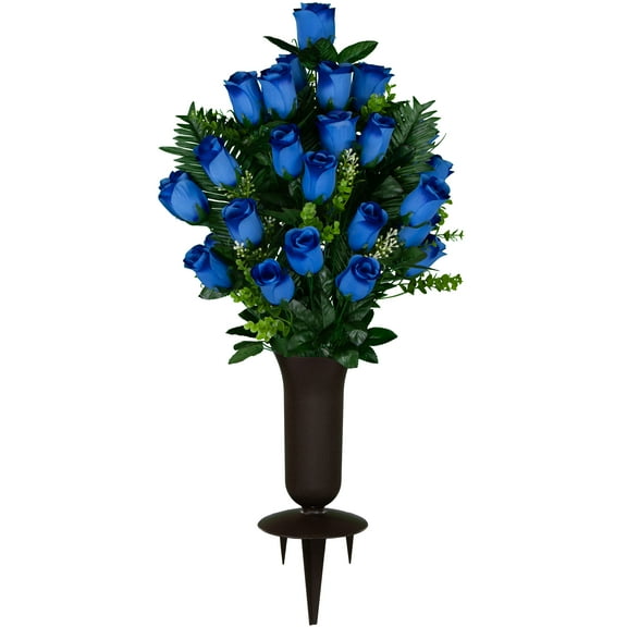 Sympathy Silks Artificial Cemetery Flowers Blue Rose with Palm Leaves with Vase
