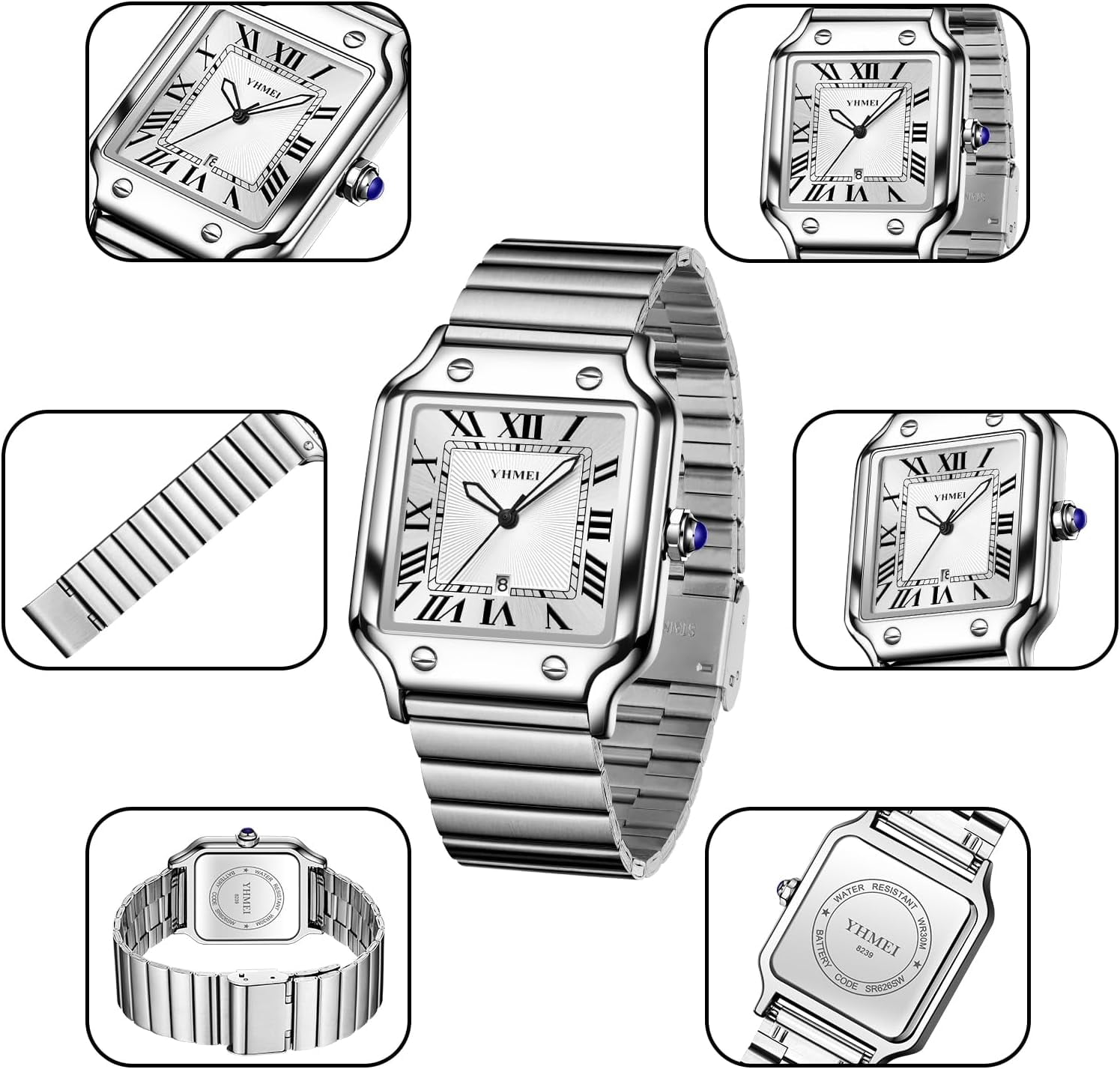 Unisex Classic Square Roman Numerals Silver Analog Waterproof Watches for Women Men Stainless Steel Strap Date Display Casual Wristwatch