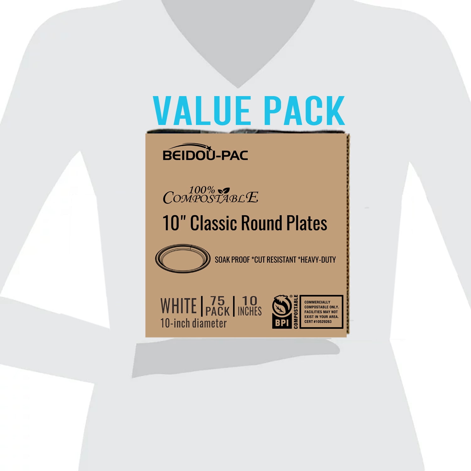 BEIDOU-PAC 10 Inch Compostable Heavy Duty Disposable Paper Plates, 75 Count White Natural Biodegradable Eco-Friendly Sugarcane  Lunch Tray