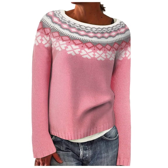 zaveiop Fair Isle Pullover Sweaters, Crew Neck Chunky Knit, Winter Clothing Holiday, Vintage Crochet Fall Tops for Women (Pink, L)