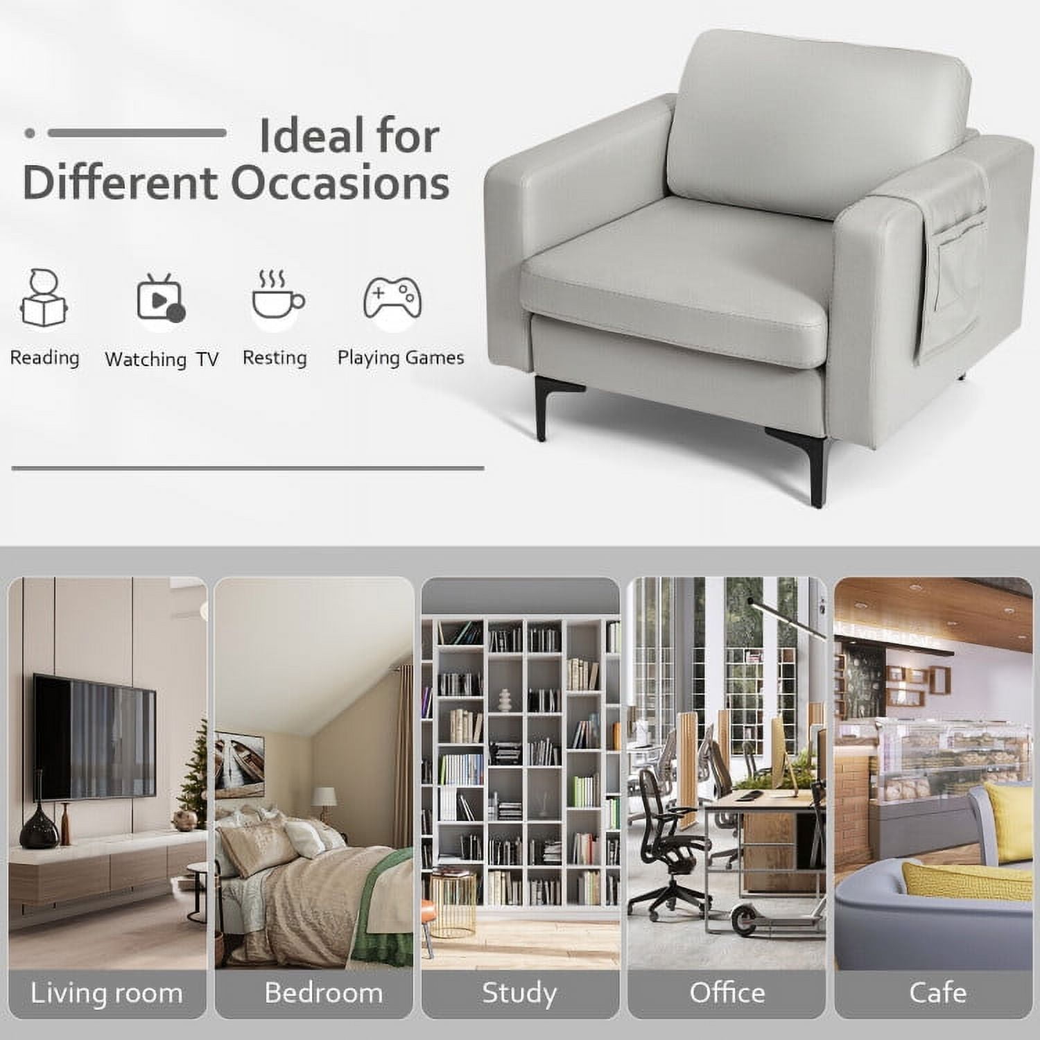 Finihen Upholstered Accent Armchair, Modern Accent Armchair with Side Storage Pocket, for Living Room, Bedroom, Light Gray