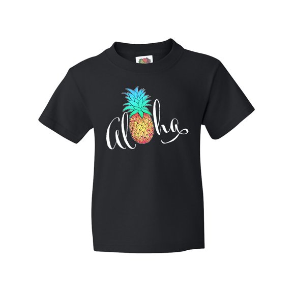 Inktastic Aloha- in cursive with pineapple rainbow colors Youth T-Shirt