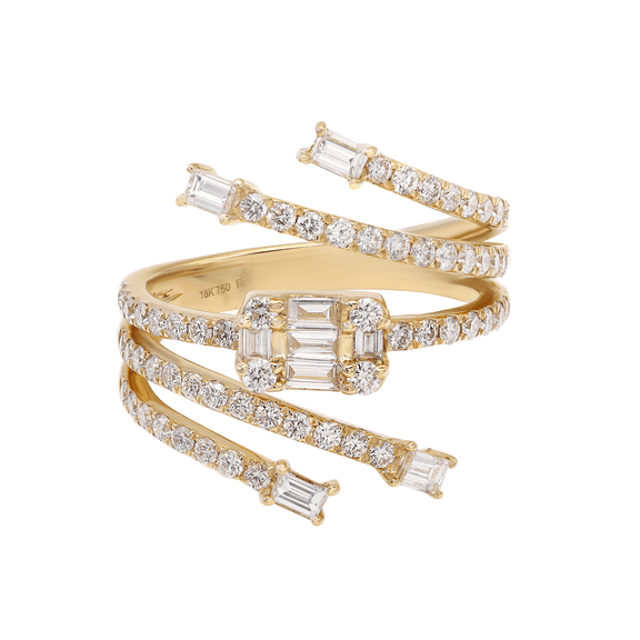 Baguette & Round Cut Diamond Statement Ring 18K Yellow Gold 1.21Cttw Size 6.75