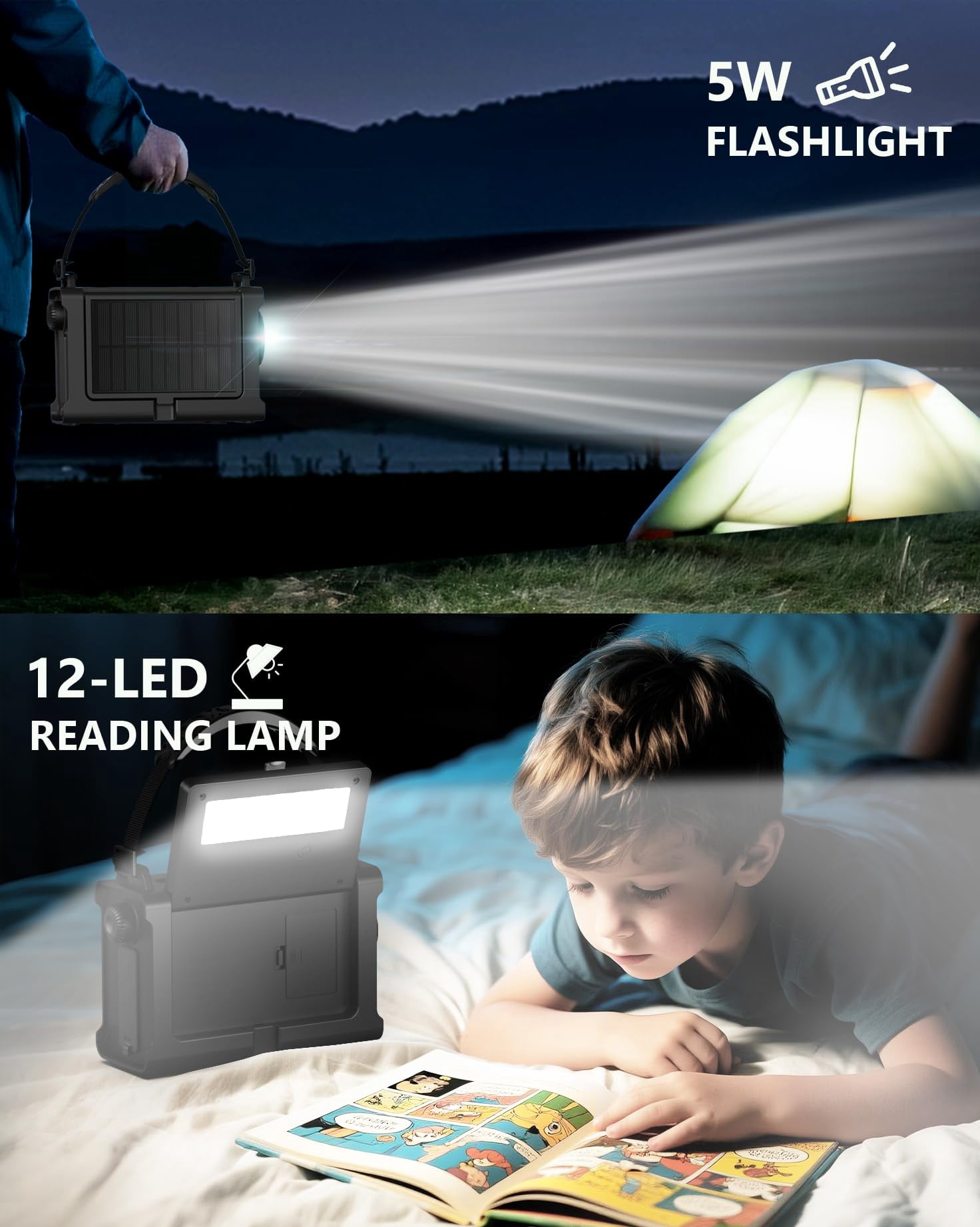 Emergency Weather Radio With Large Solar Panel  Efficient Hand Crank & Real 12000mah | Am/fm/noaa Bands Led Flashlight Reading Lamp Sos Alarm Phone For Outdoor