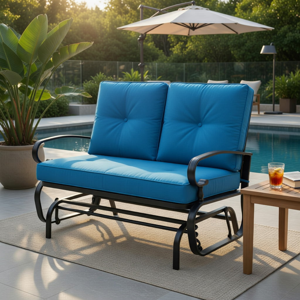 Hommoo 2-Person Outdoor Swing Glider Bench with Plush Olefin Cushions, Rust-Resistant Steel Frame, Gourd-Style Design for Patio, Porch & Backyard, Navy