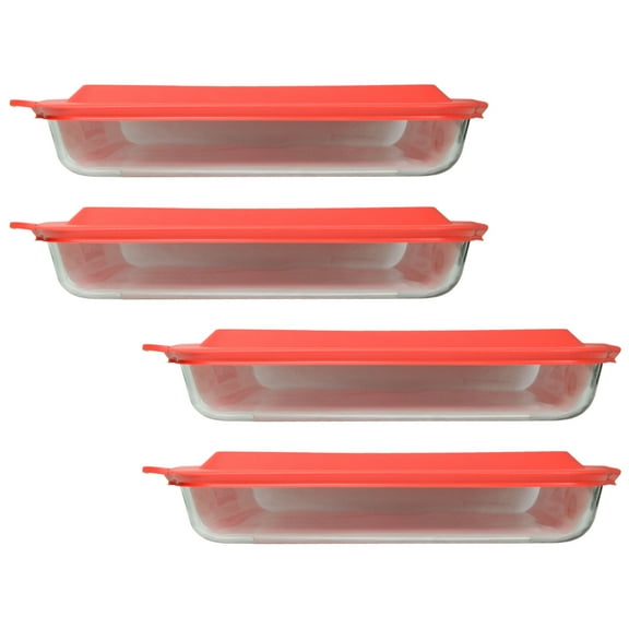 Pyrex 233 3qt Rectangular Clear Glass Casserole Baking Dish and 233-PC Red Plastic Lid (4-Pack)