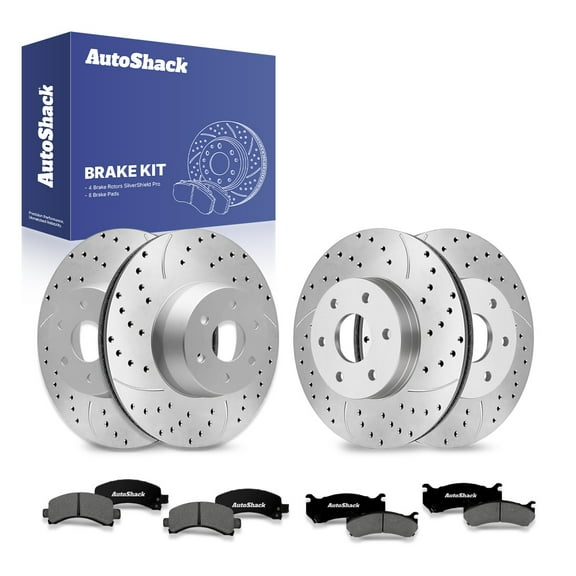 AutoShack Front & Rear Drilled & Slotted Brake Rotors Premium Ceramic Brake Pads | Replacement for 2003-2008 Chevrolet Express 1500 | Silver Zinc Coated | 12-PC Brake Kit | SilverShield Pro