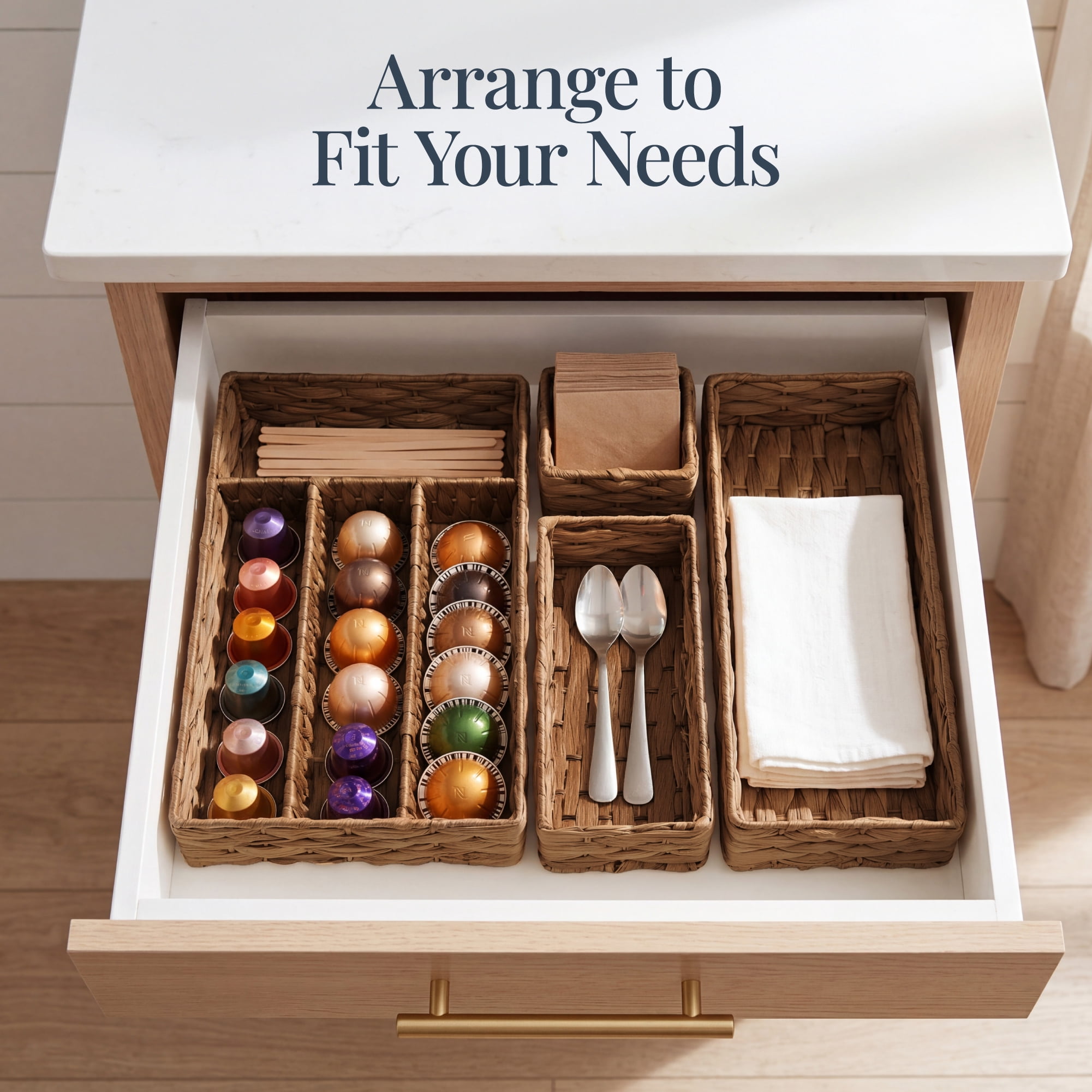 Best Choice Products 5PC Flatware Organizer Set, Woven Modular Silverware & Utensil Drawer Organizer Trays - Chestnut
