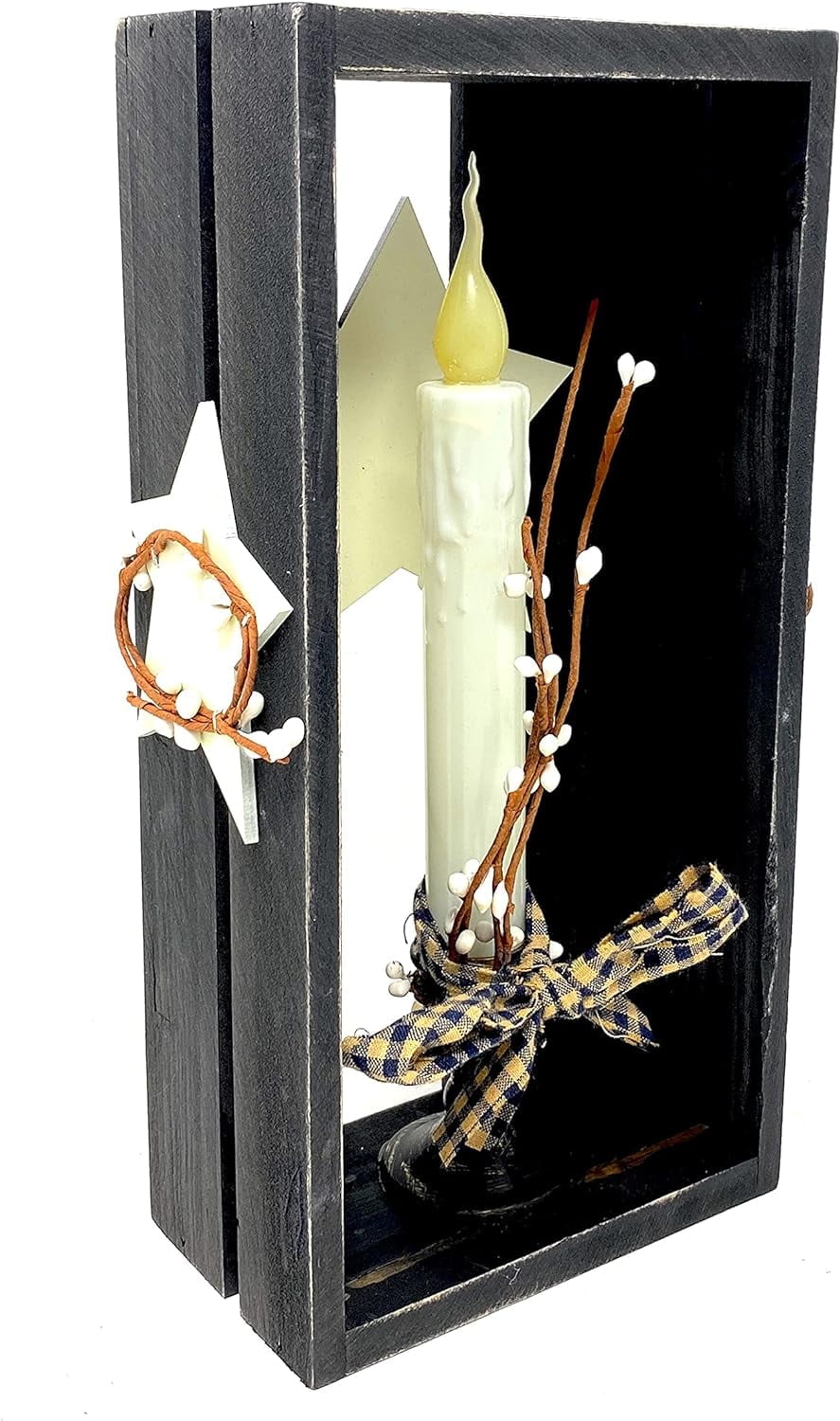 Flameless LED Candle In Wooden Box Rustic Christmas Decoration W Stars & Berries Battery-Operated Flickering Light Tabletop Window, Fireplace Mantle 11”H  x 5.5” L