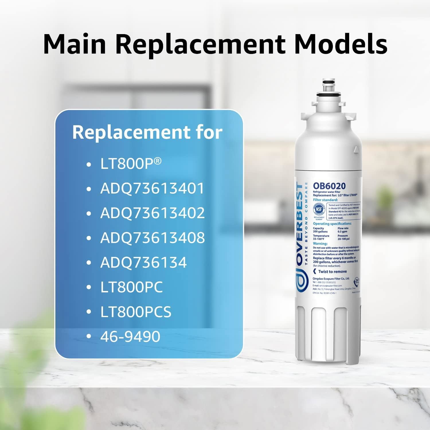 Overbest ADQ73613401 Refrigerator Water Filter, Replacement for LG® LT800P®, ADQ73613402, ADQ73613408, ADQ75795104, Kenmore 9490, 46-9490, LSXS26326S, LMXC23746S, LMXC23746D, Pack of 3