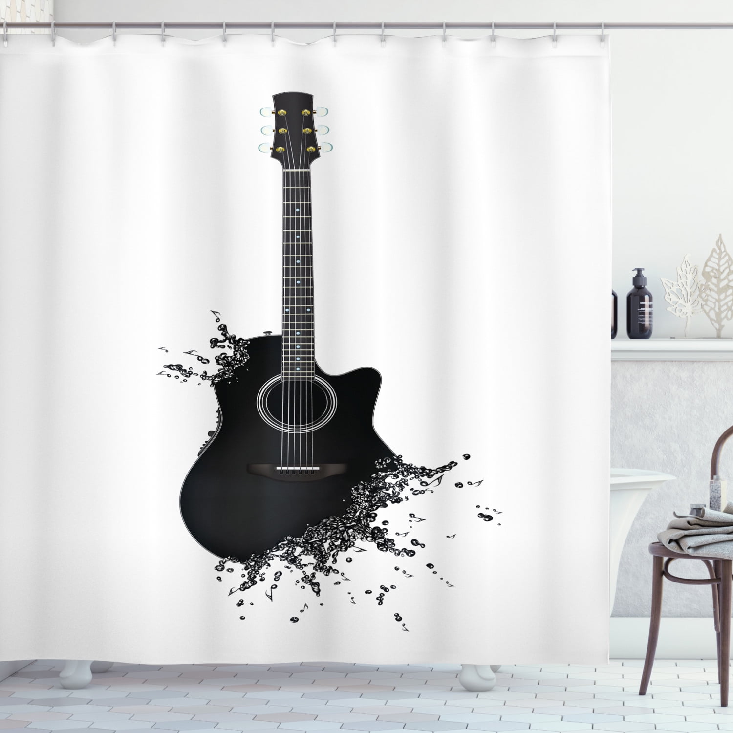Guitar Shower Curtain, Monochrome Musical Instrument with Strings