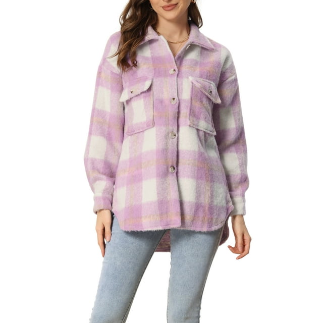 INSPIRE CHIC Women's Plaid Two Pockets Button Front Closure Jacket Purple 2XL