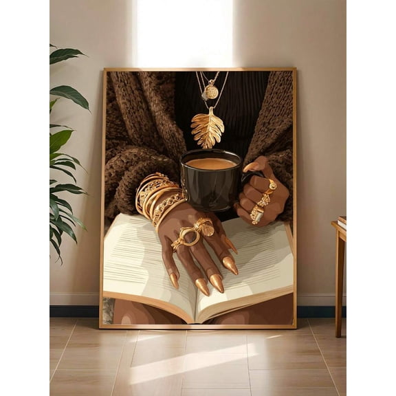 Black Woman Luxury Gold Jewelry Coffee Book Canvas Wall Art, Melanin Queen Reading Portrait Art, Modern African American Home Decor