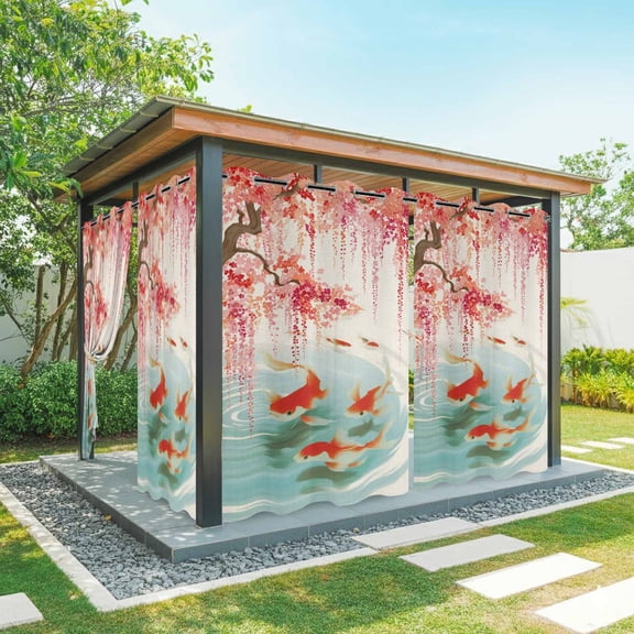 1 Panel Outdoor Curtains for Patio Waterproof 54"x95" Cherry Blossoms Weatherproof Privacy Outsides Curtains, Farmhouse Rustic Goldfish Burlap Grommet Thermal Drapes for Cabana Porch Pergola