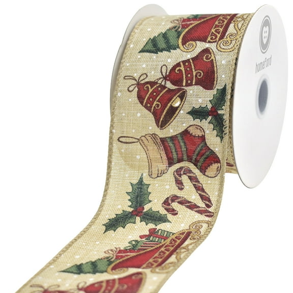 Homeford Classic Christmas Printed Symbols Wired Ribbon, Natural, 2-1/2-inch, 10-yard
