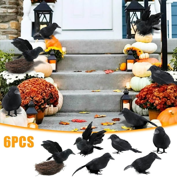 Lingouzi 6 Pack Black Feathered Crows with Bird Nests Fake Black Crow