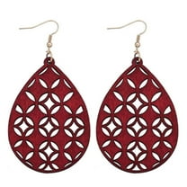 Women Lightweight Bohemian Wooden Teardrop Cut-Out Dangle Earrings (Burgundy)